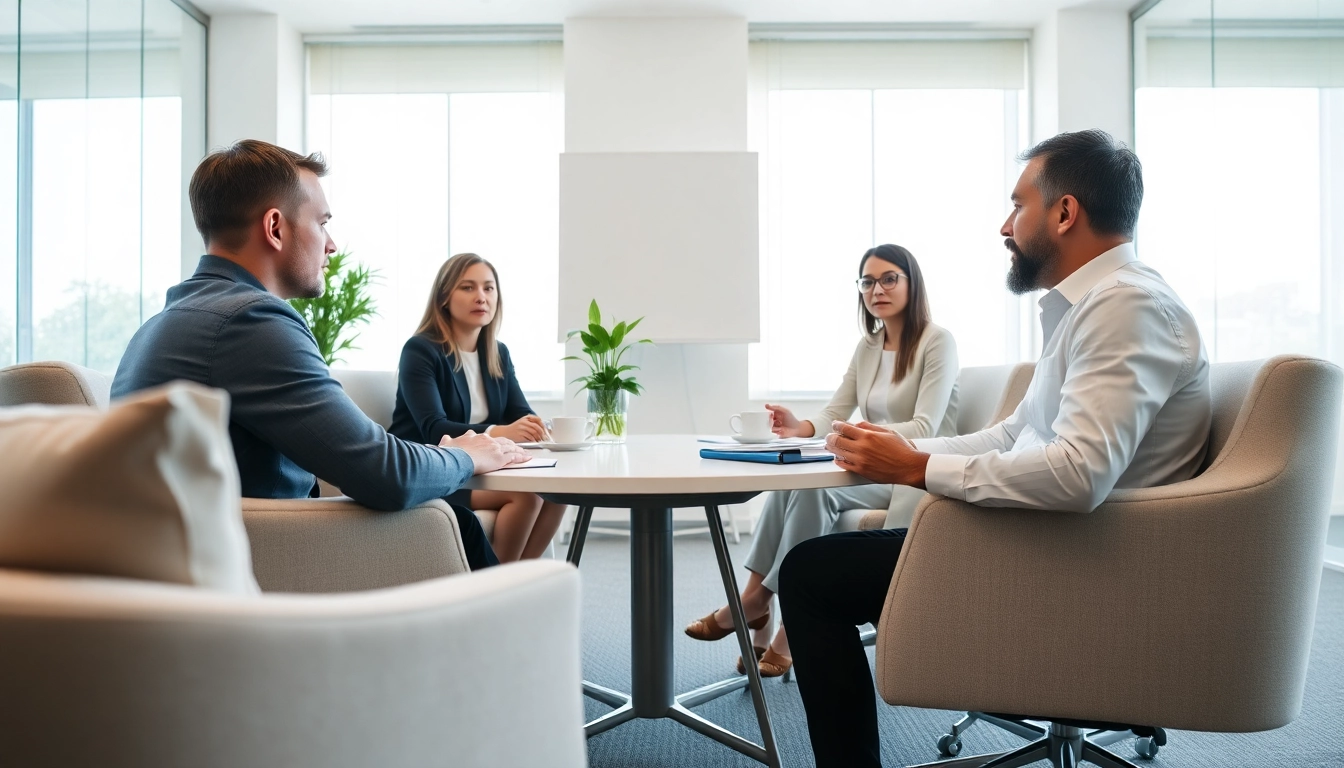Mediation session with mediator assisting clients in a bright, modern conference room.