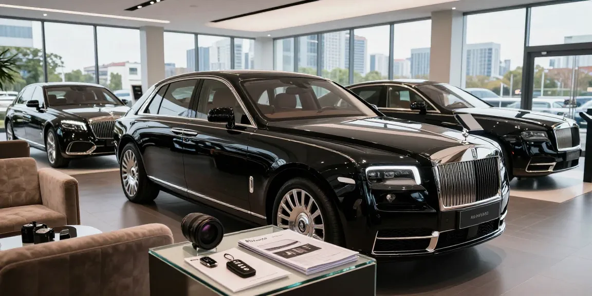 Interior showroom Luxury 777 dengan mobil mewah berkilau dan suasana elegan.