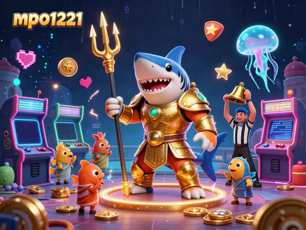 Unleash excitement on mpo1221 with a 3D shark gladiator in a vibrant underwater casino.