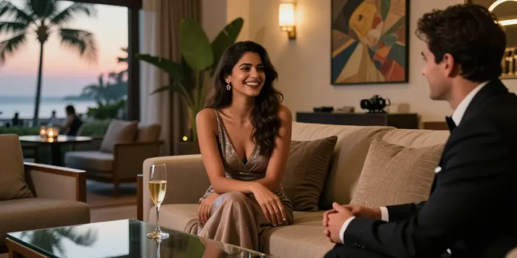 Goa call girls enjoying a luxurious evening in a high-end hotel setting.