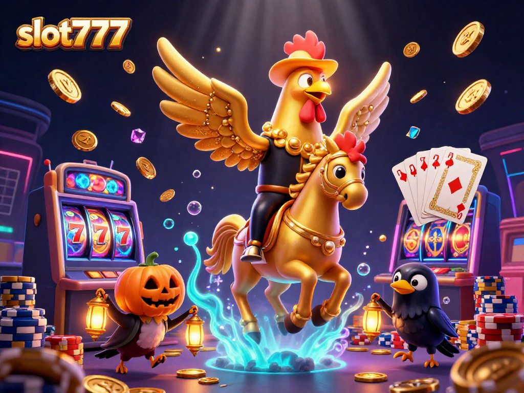 Engage with slot777 in an interactive casino scene featuring golden rooster and vibrant gambling elements.