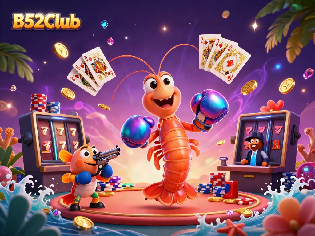 B52Club brings excitement with dynamic casino illustration of a mantis shrimp and playful gameplay elements.