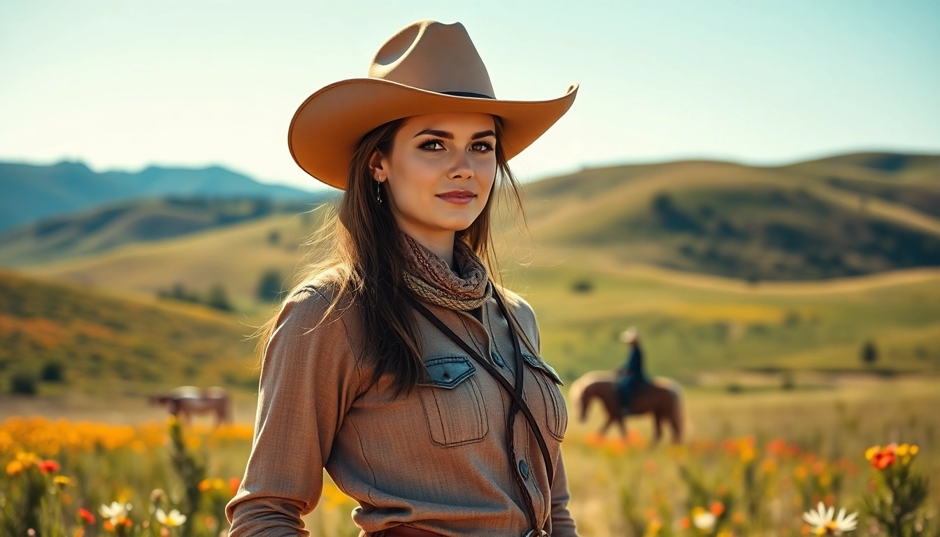 Showcase of stylish western wear Canada on a professional cowgirl against a scenic ranch backdrop.