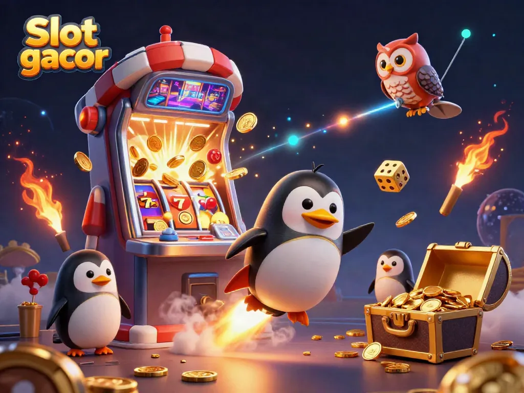 Experience the excitement of Slot gacor with a vibrant 3D scene featuring a golden penguin and casino elements.