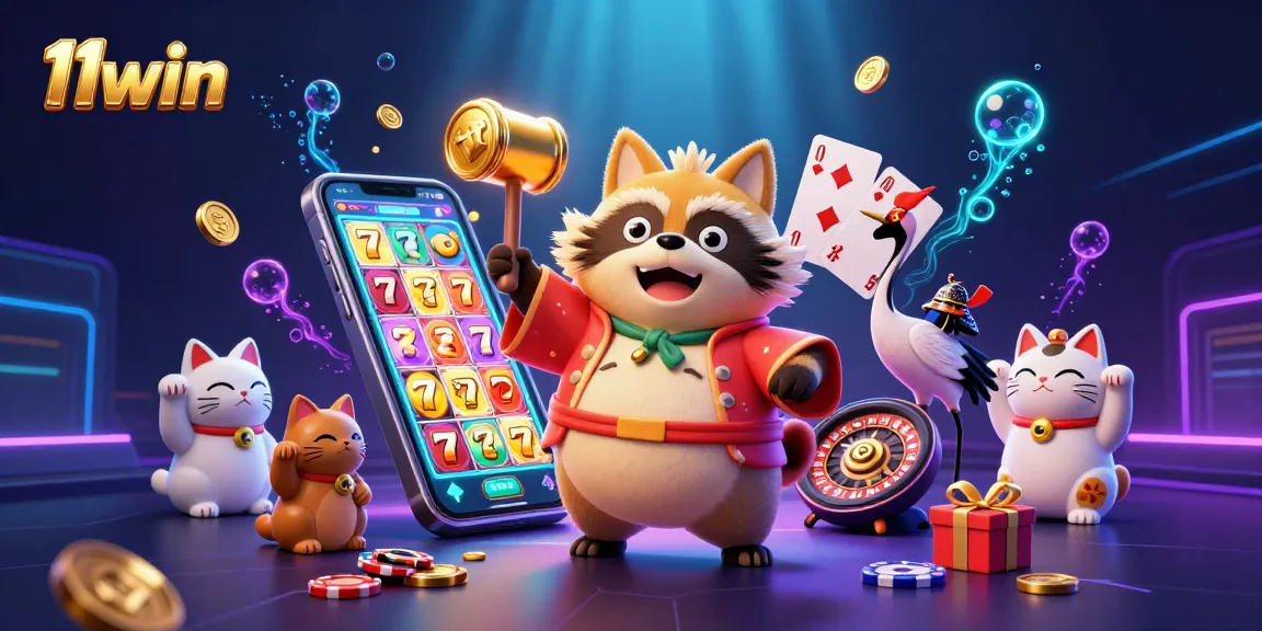 Engage with 11win's vibrant illustration featuring a cheerful tanuki, samurai crane, and colorful maneki-neko's, embodying excitement in gaming.