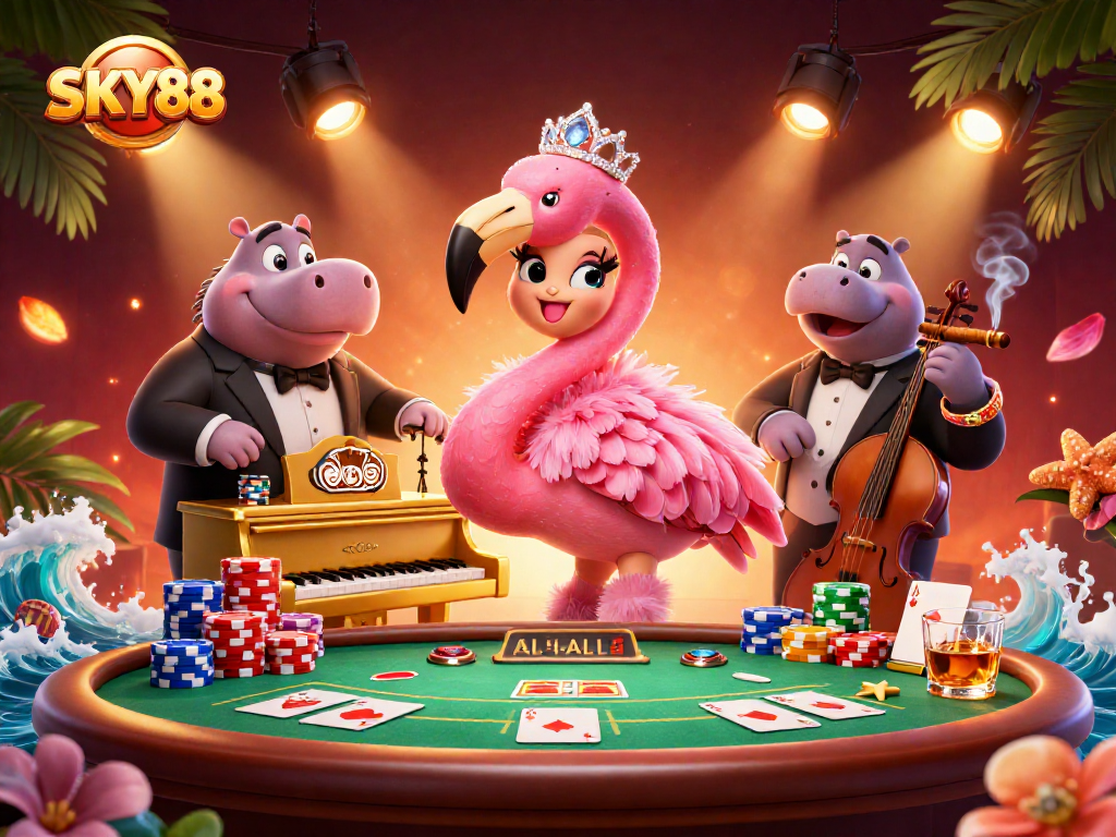 Engage in exciting gameplay with SKY88's vibrant casino scene featuring lively characters and rich details.
