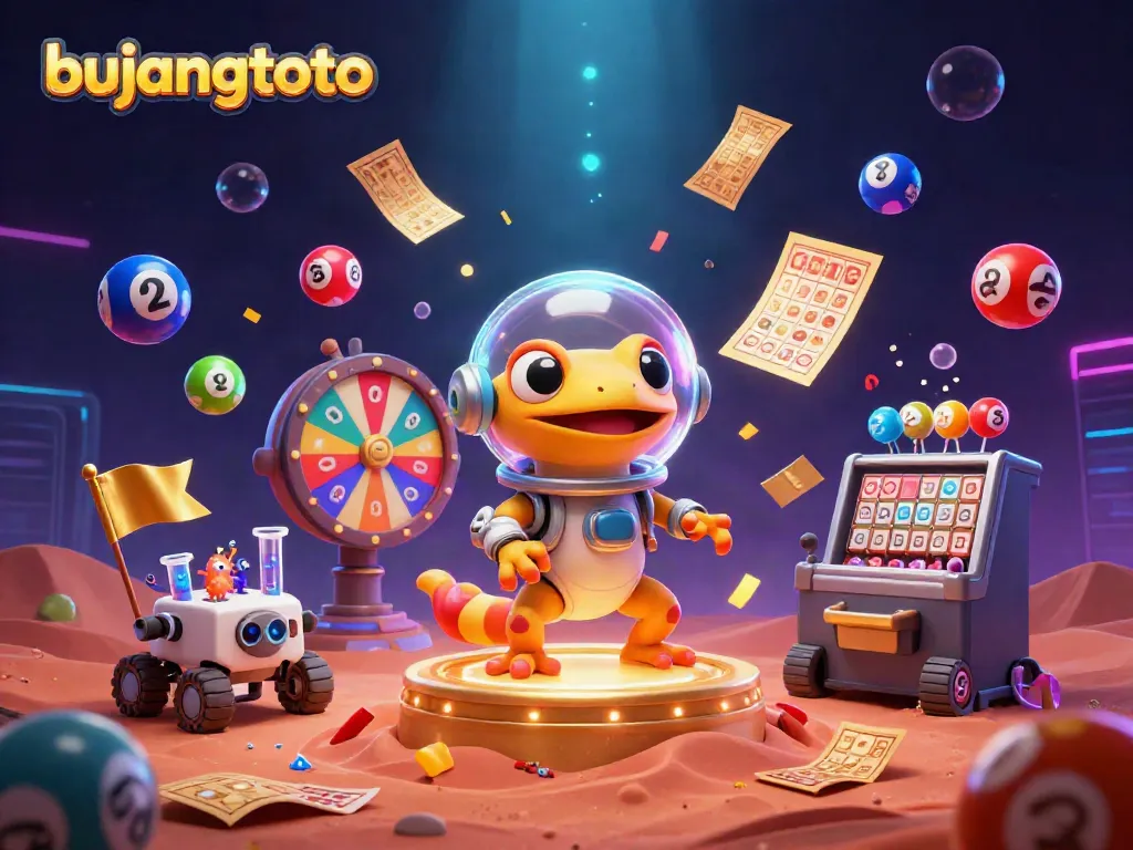 Bujangtoto universe showcases Martian gecko in a casino filled with lottery excitement and vibrant visuals.