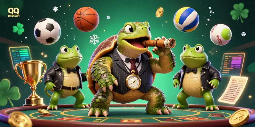 Engage in the thrilling action of qq macan with this dynamic casino illustration featuring a mobster turtle and bullfrog enforcers.