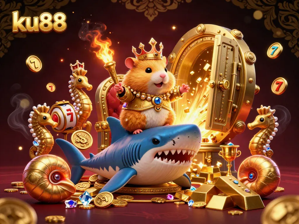 Engage with the vibrant ku88 casino scene featuring a hamster king on a shark throne surrounded by treasures and gambling elements.