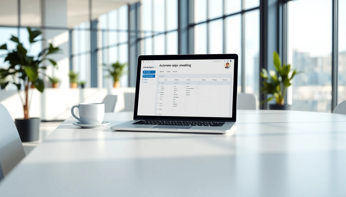Automate sales meeting scheduling with a professional workspace featuring a laptop and a bright office atmosphere.