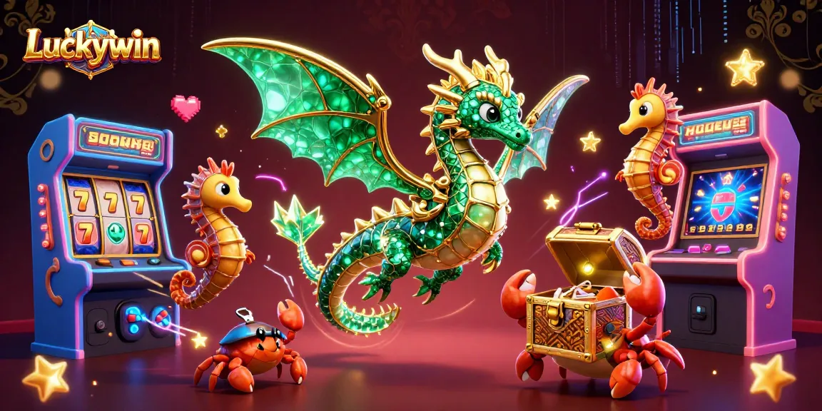 Join the Luckywin adventure with an emerald sea dragon amidst vibrant casino elements!