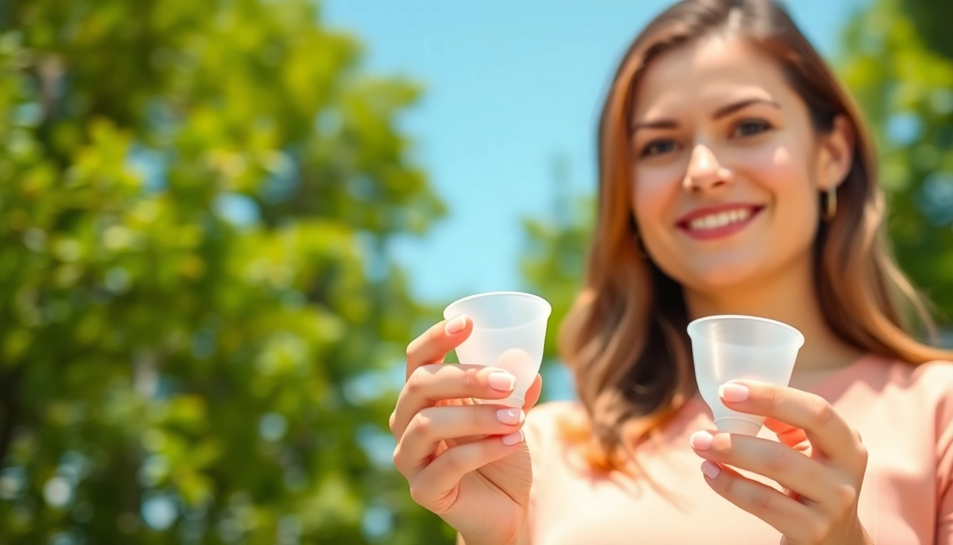 Highlighting the best menstrual cup, a woman proudly holds the product in a tranquil outdoor setting.