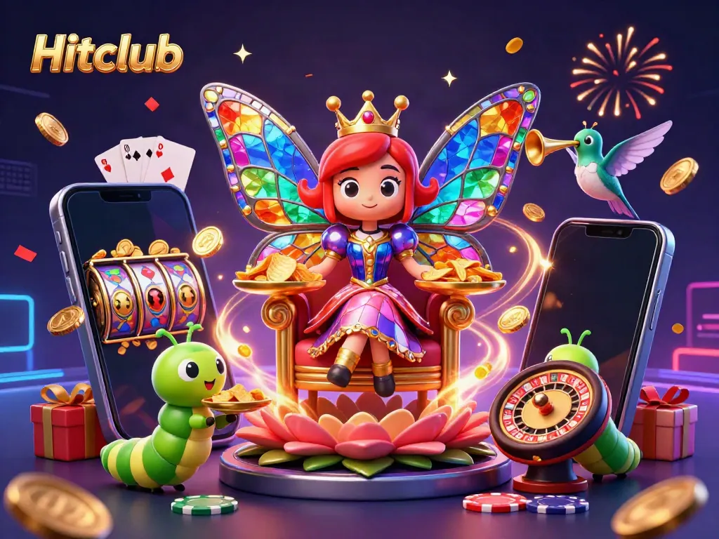 Engage in the exhilarating world of Hitclub with a vibrant 3D butterfly queen surrounded by game elements and festive effects.