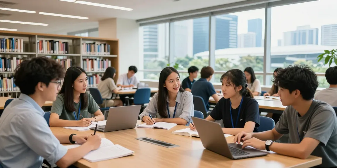 Du học Singapore: Sinh viên quốc tế học tập trong môi trường hiện đại tại thư viện, thể hiện sự đa văn hóa.