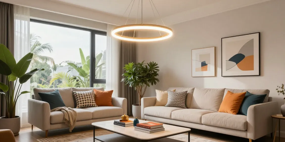 Lustre LED moderne iluminează un living elegant, cu decor contemporan și plante verzi.