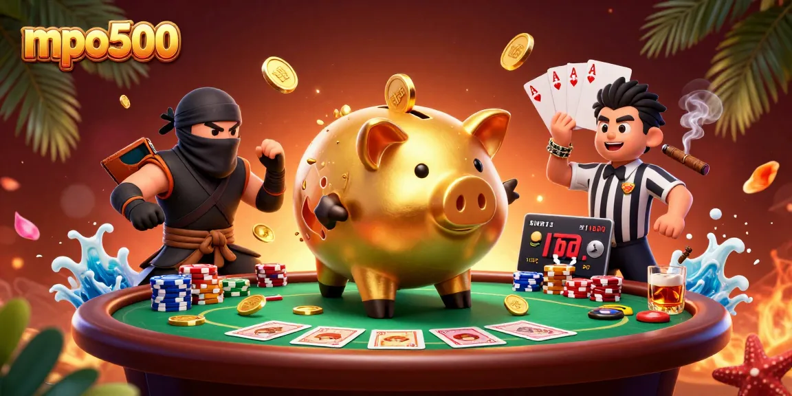 Experience exciting gameplay with mpo500 featuring a golden piggy bank wrestler, ninja, and referee at a vibrant poker table.