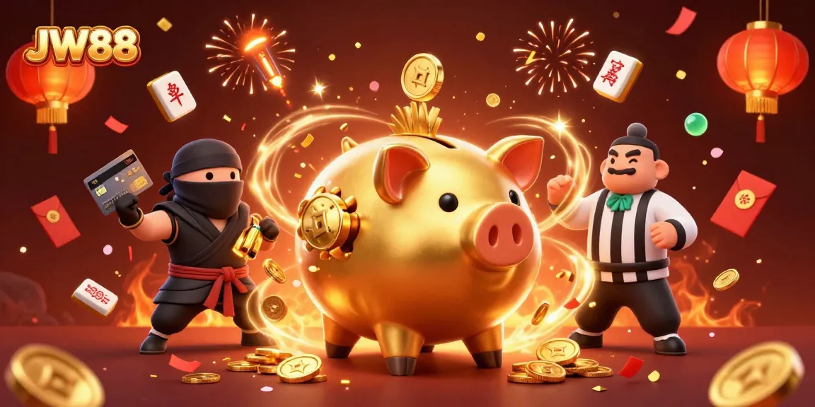 Engage with thrilling gameplay at JW88 featuring a golden piggy bank sumo wrestler and dynamic gambling elements.