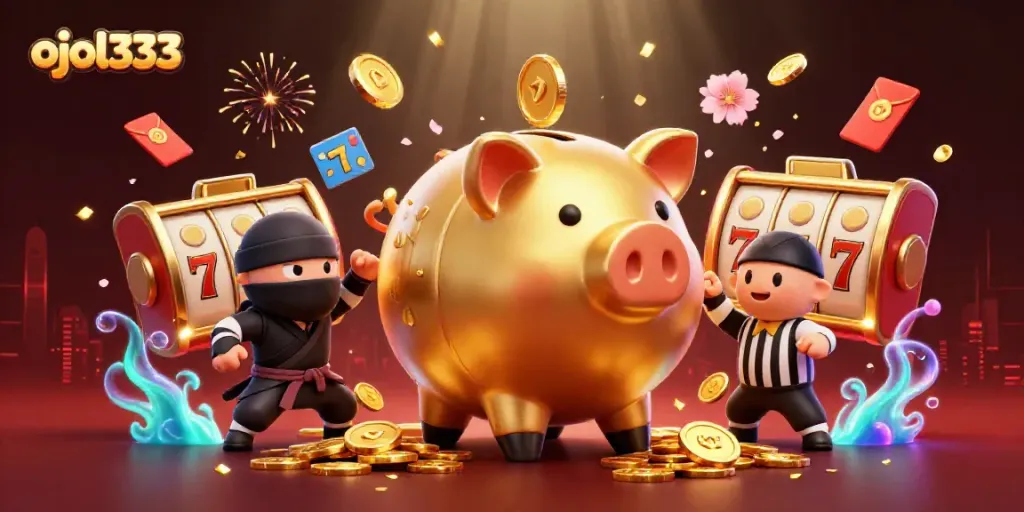 Engage with ojol333's dynamic gaming tutorial scene showcasing a golden piggy bank, ninja elements, and festive decor.