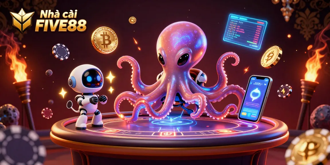 Engage with Nhà cái FIVE88's vibrant galaxy poker scene featuring a cartoon alien octopus and crypto elements.