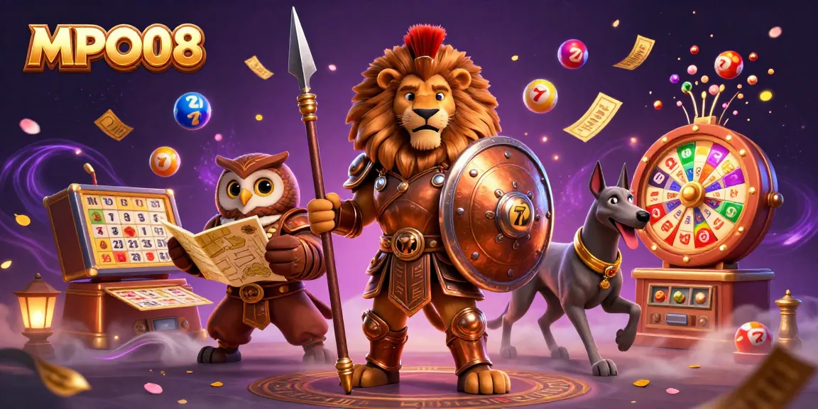 MPO08 showcases a colorful casino scene with a Spartan lion, owl, and greyhound among dynamic slot game elements.