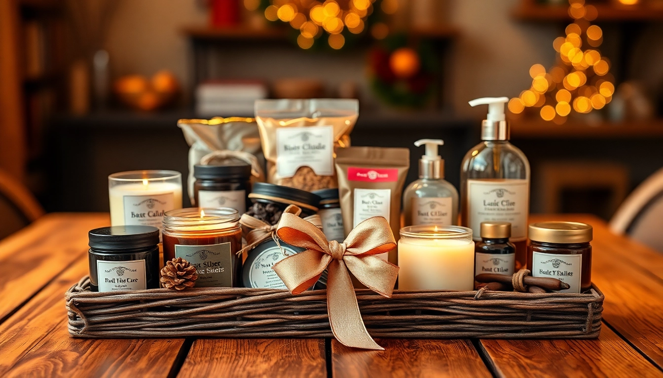 Präsentieren Sie ein Geschenkset mit handgefertigten Produkten auf einem rustikalen Tisch.