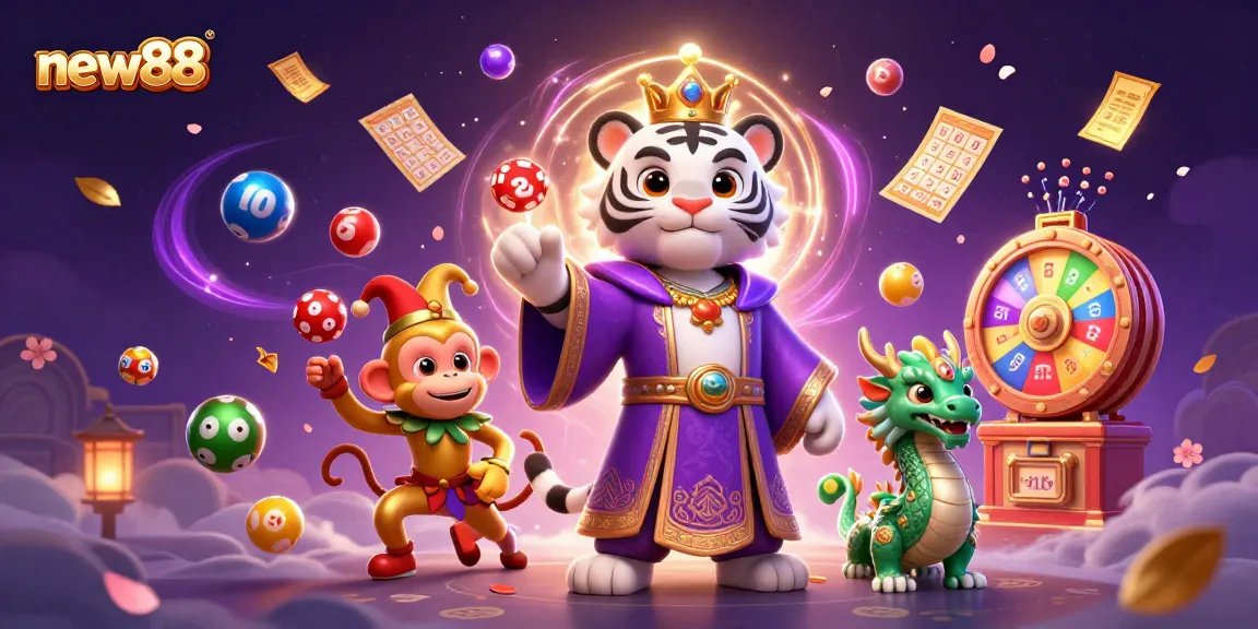 Join new88's exciting gaming world with vibrant characters and dynamic casino elements.