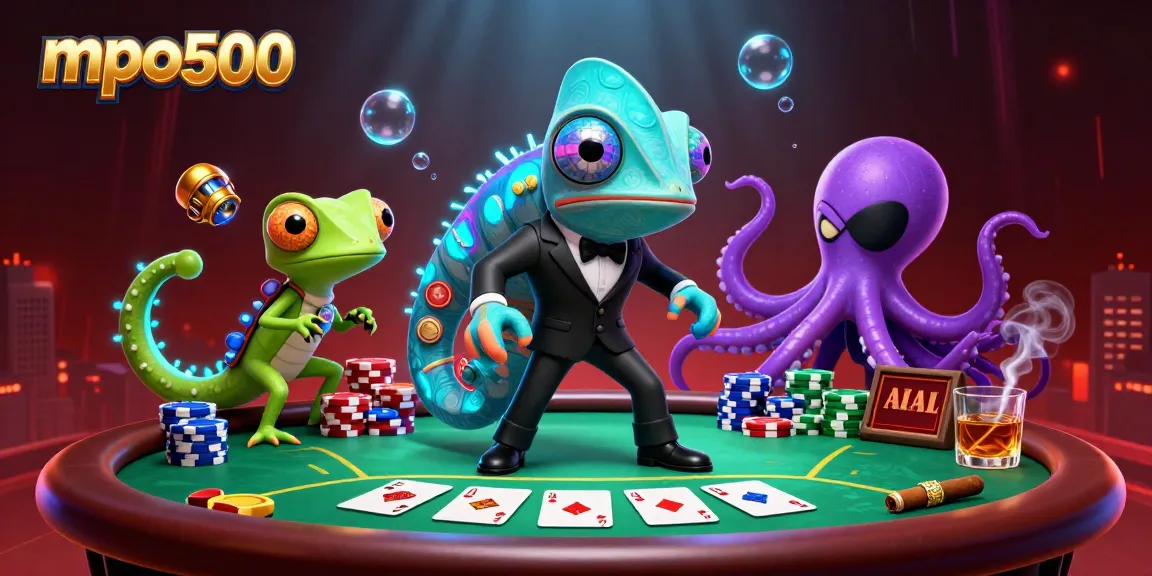 Play poker with mpo500 in an energetic scene featuring a Bond-style chameleon and gadgets.