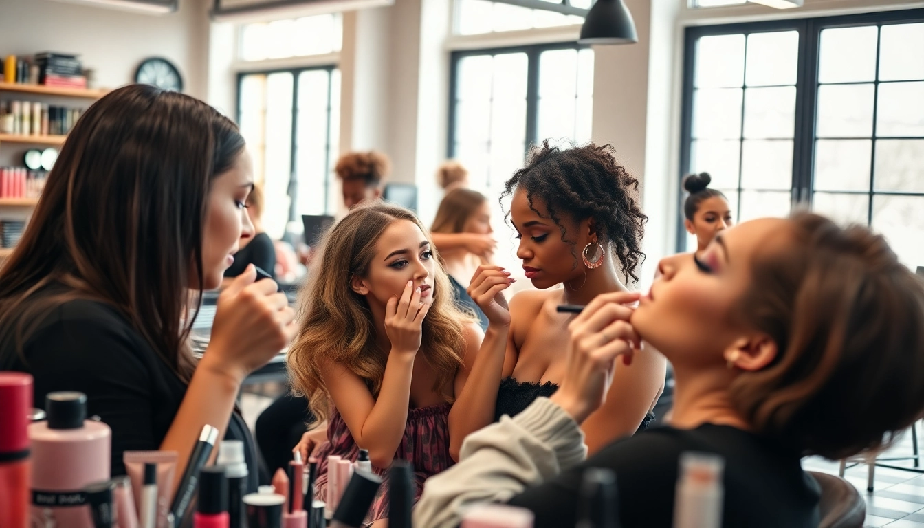 Students at Iver Academy applying makeup techniques in a bright, creative environment.