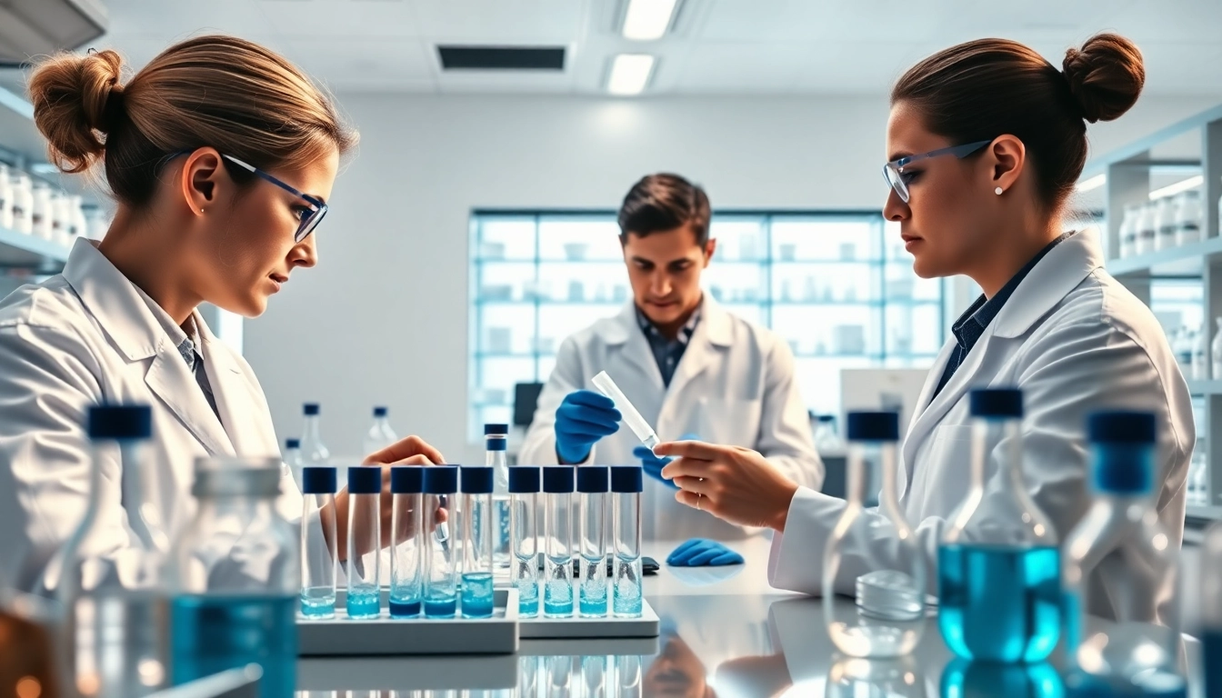 Investigating peptide labs with scientists analyzing samples in a modern laboratory.