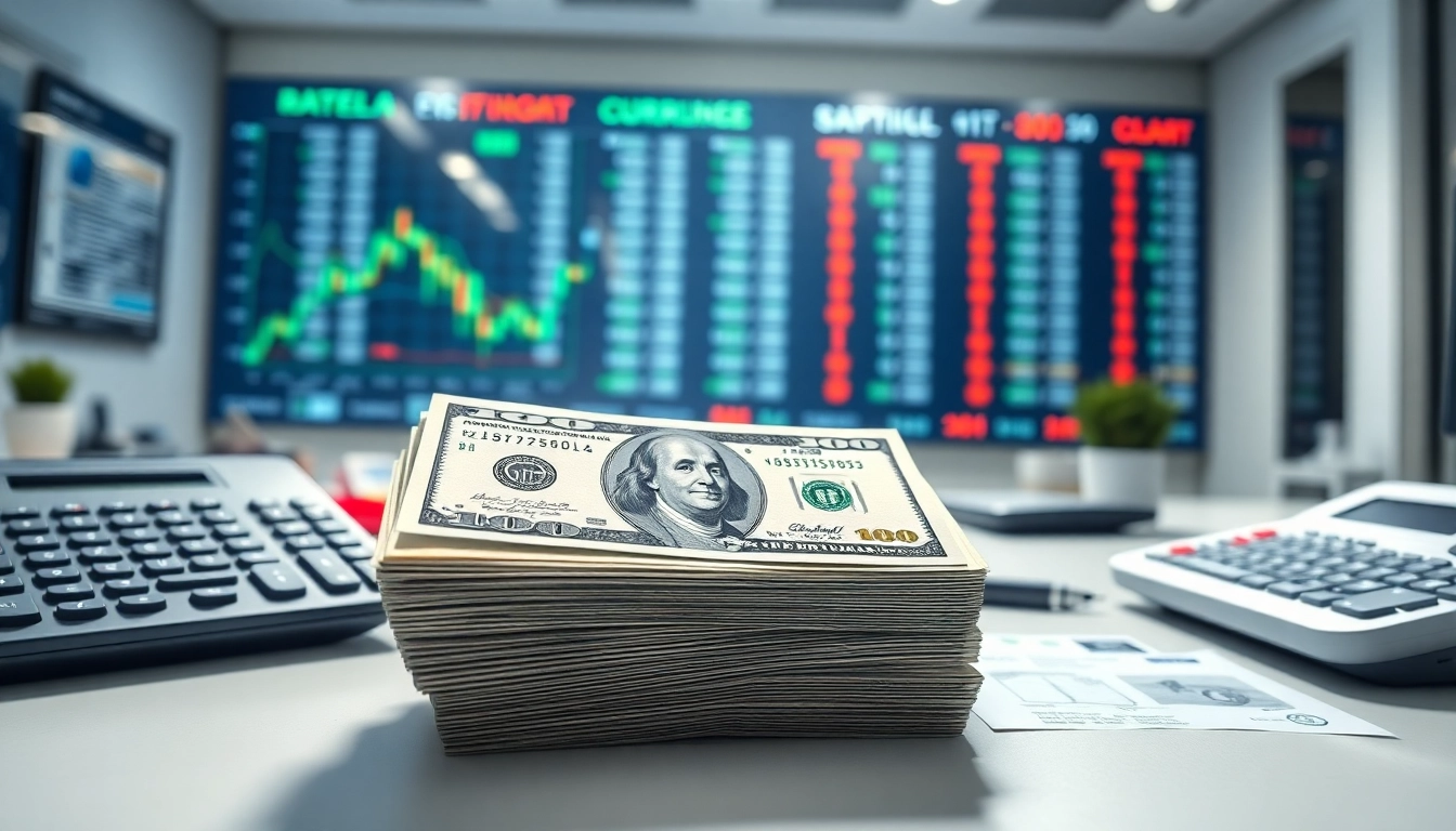 Buy USD currency exchange displayed with US dollar bills and financial tools.