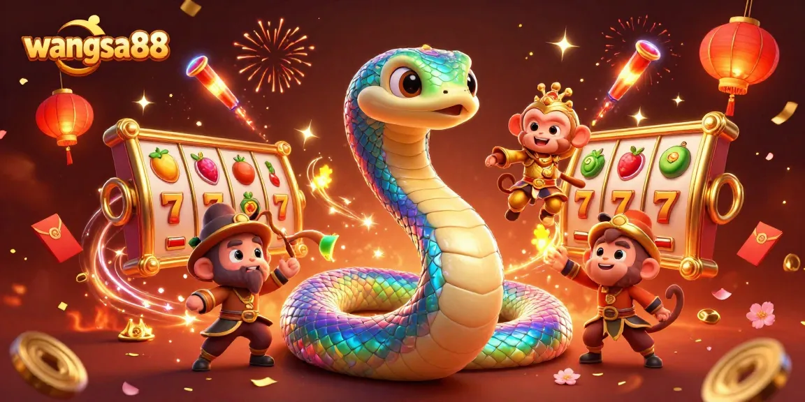 Experience the excitement of jackpots with wangsa88's vibrant 3D illustration of a rainbow serpent and playful monkey king.