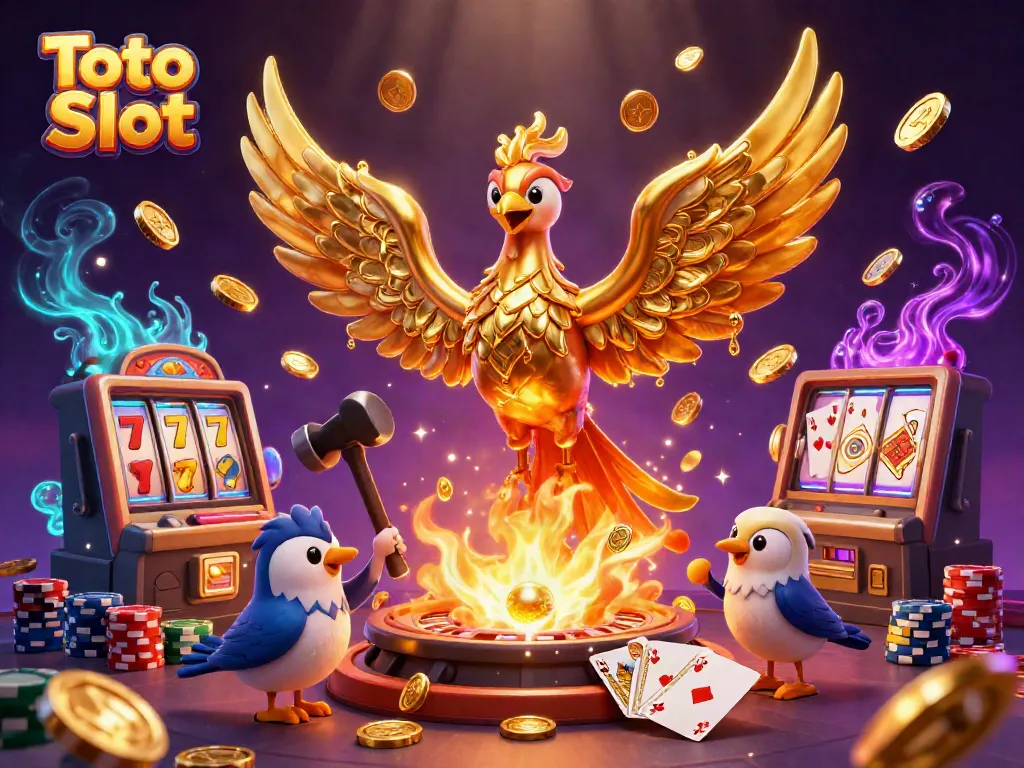 Gambarkan Toto Slot dengan phoenix emas dan simbol jackpot bersinar dalam permainan kasino