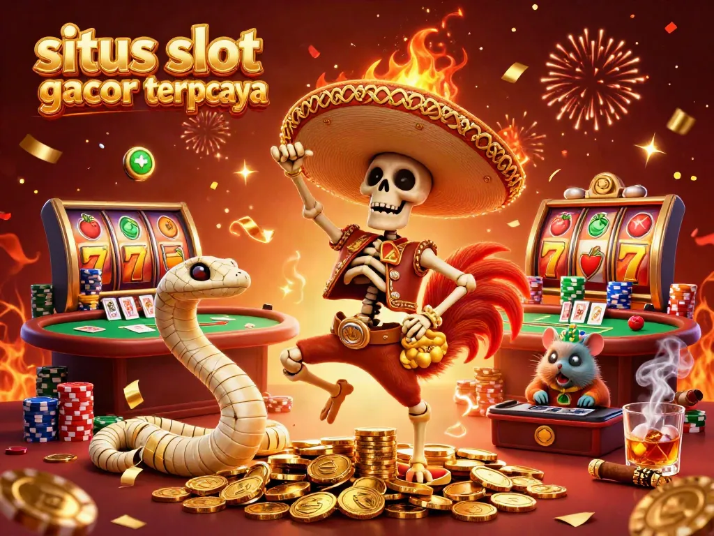 Celebrate at situs slot gacor terpercaya with vibrant characters dancing on golden coins in a thrilling casino atmosphere.