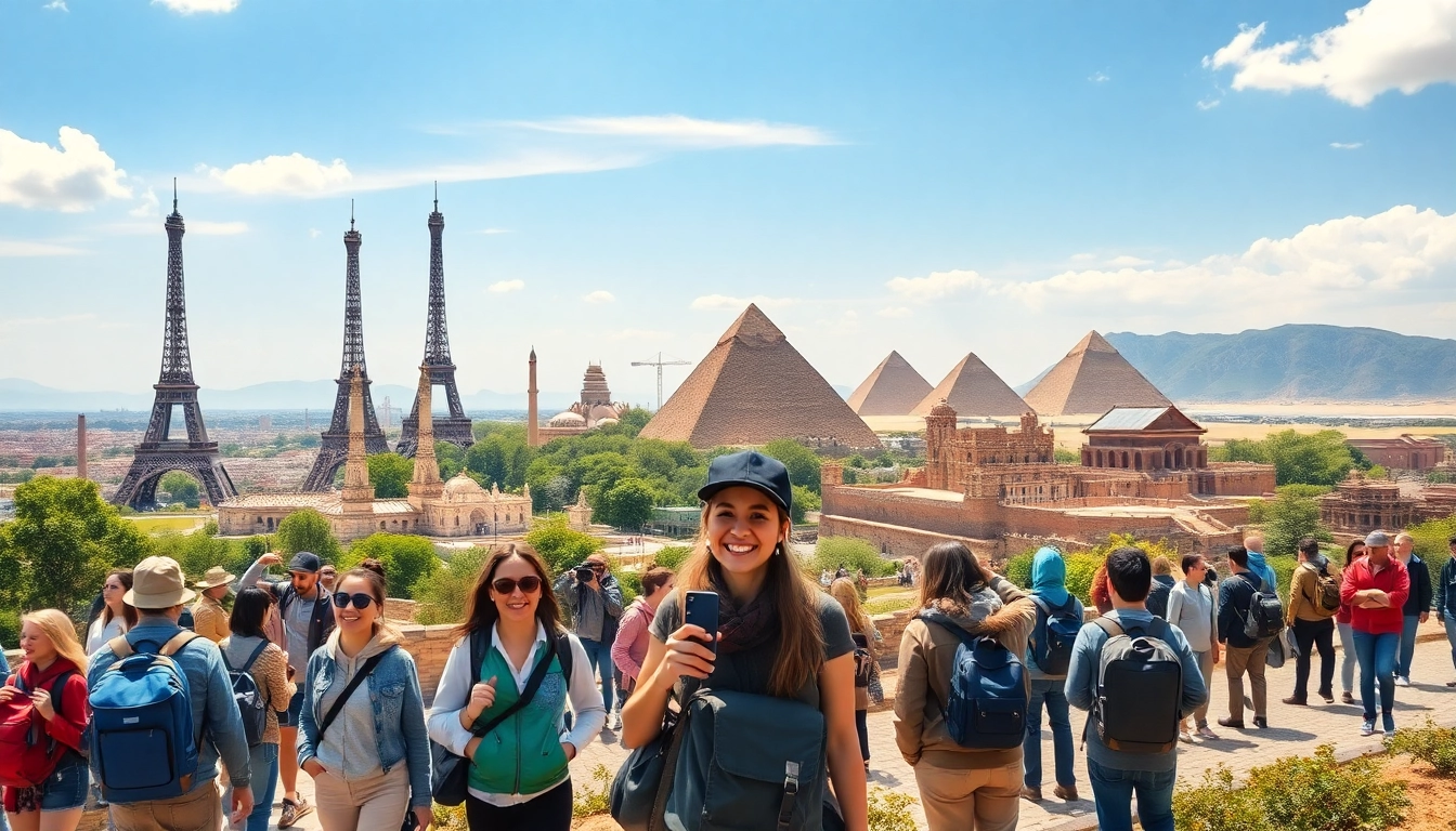 Engaging moment showcasing round the world destinations with travelers exploring iconic attractions.