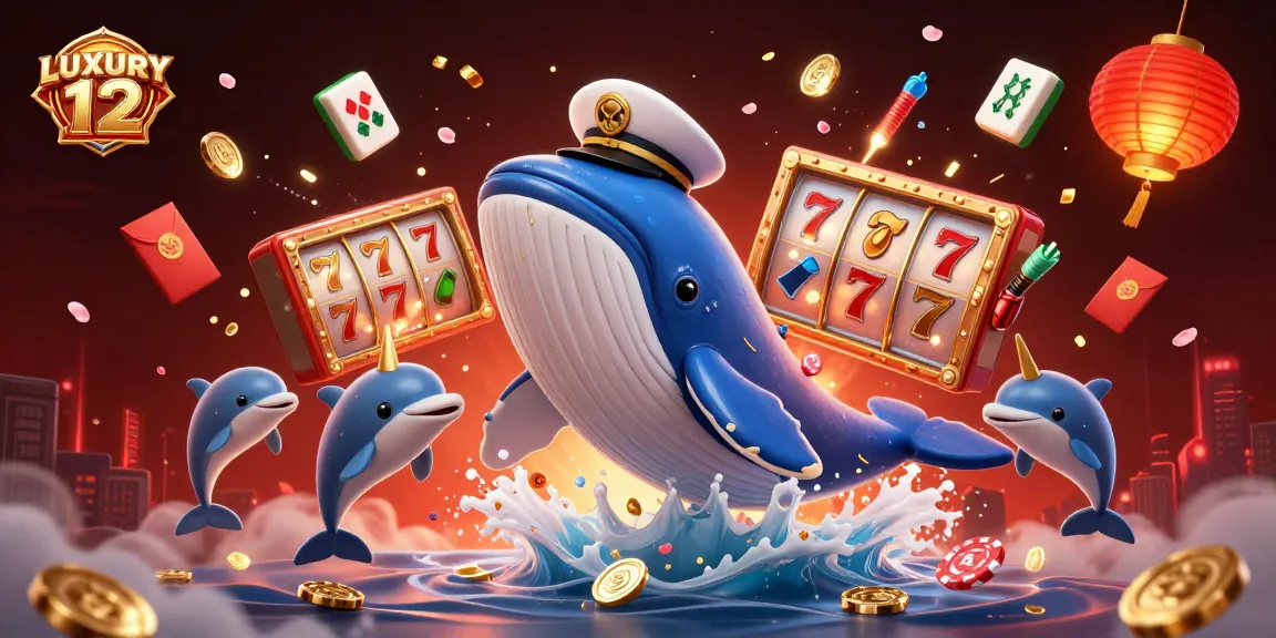 Permainan LUXURY 12 menampilkan ikan paus kartun besar dan simbol slot yang bersinar dalam ilustrasi hiburan kasino.