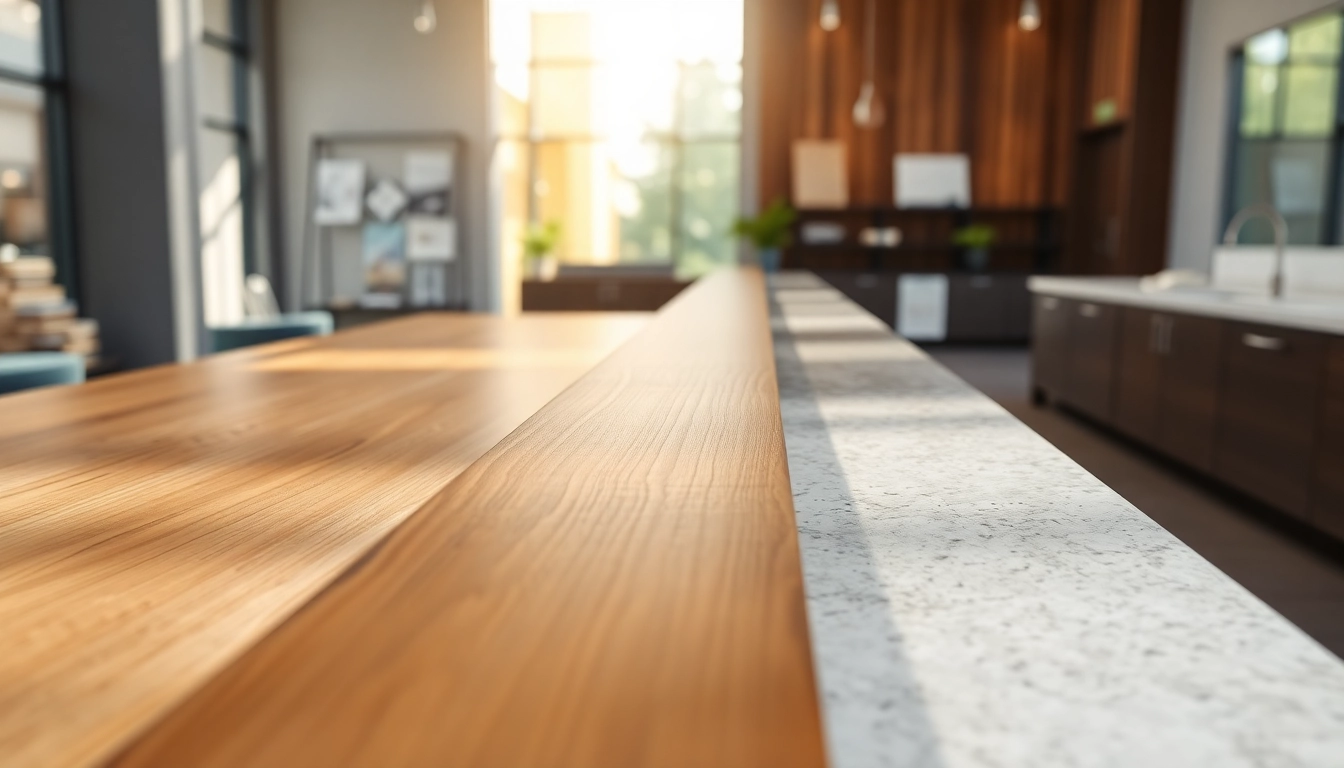 Showcasing surfacing solutions in a stylish showroom with diverse materials and natural light.