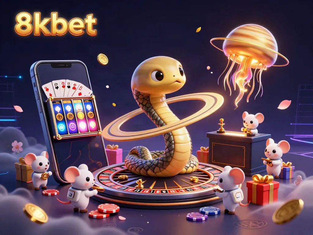 Experience thrilling gameplay with 8xbet's cosmic casino scene of Saturn's ring snake and astronaut mice betting