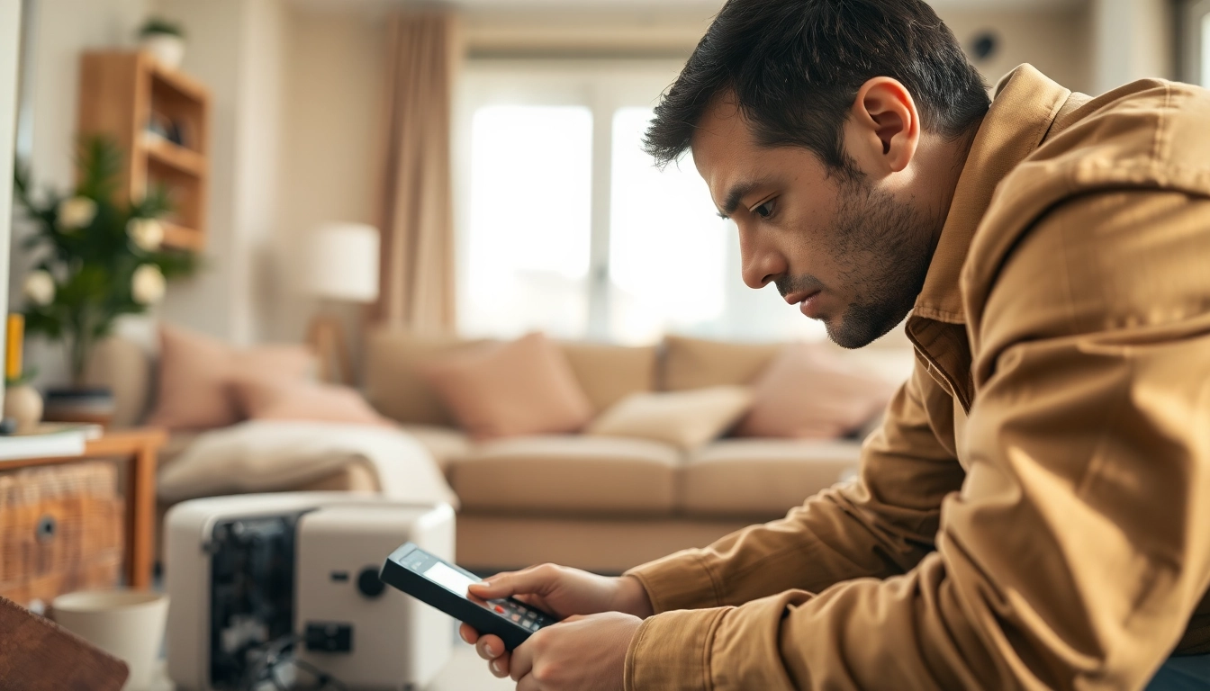Technician performing emergency heating repair in a cozy home environment, ensuring comfort.