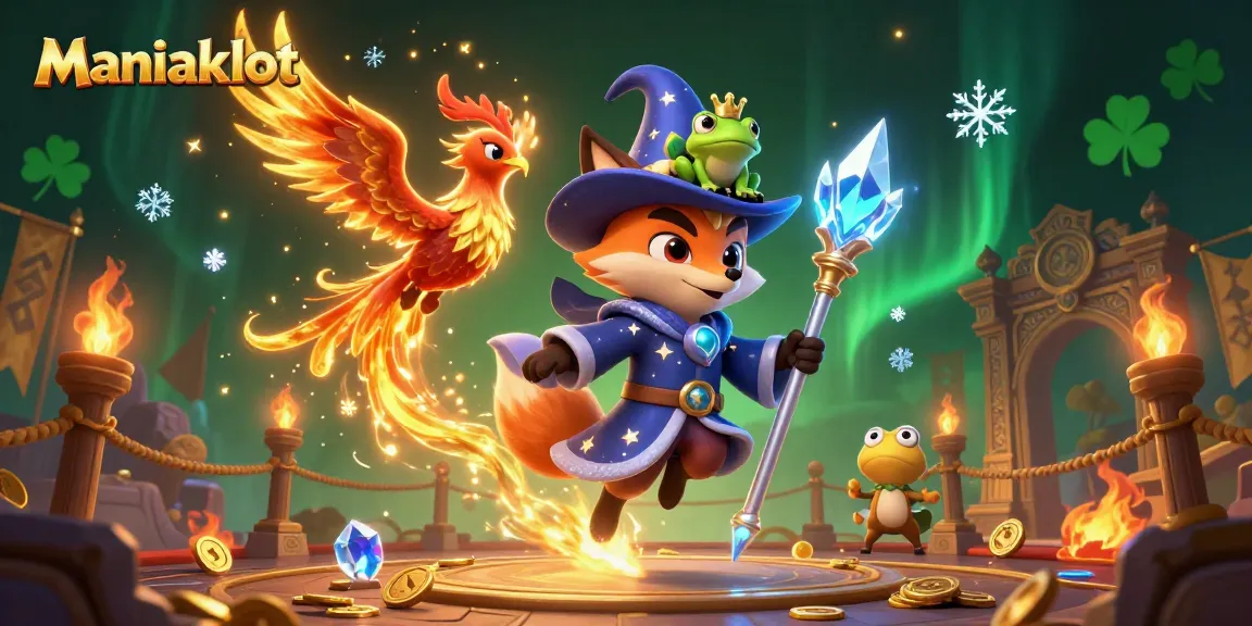 Experience the thrill of Maniakslot with mystical characters and casino elements in a dazzling 3D scene.