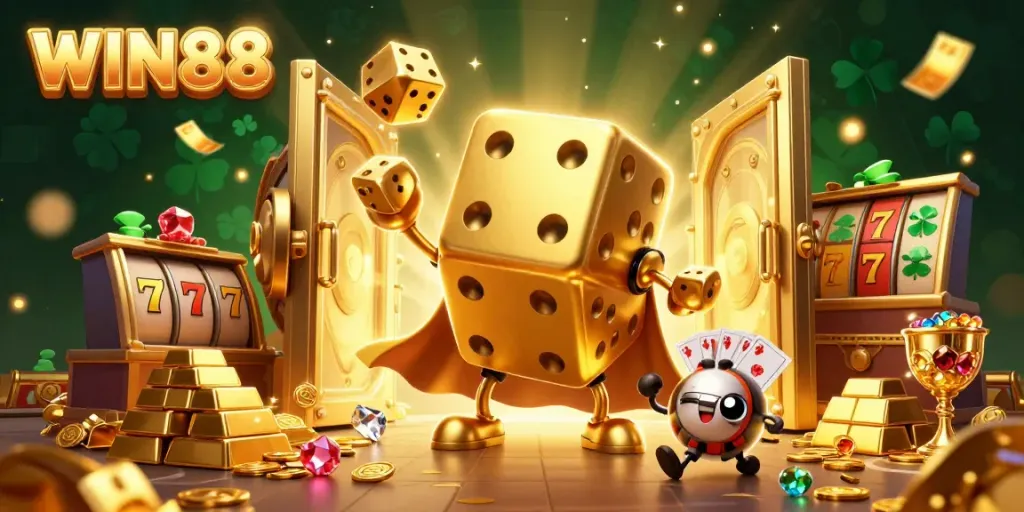 Experience the excitement of WIN88 with golden dice and vibrant casino elements in a vivid illustration.
