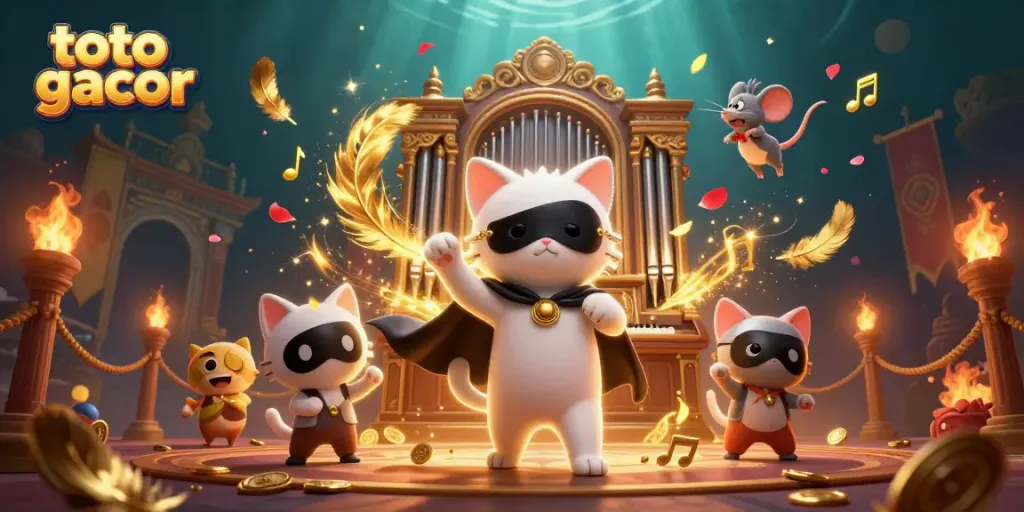 Experience the thrill of toto gacor with a charming casino scene featuring a masked cat and a mouse acrobat.