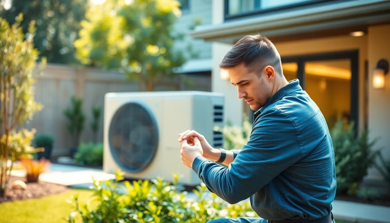 Technician installing american standard heat pumps in a residential garden, highlighting professional service.