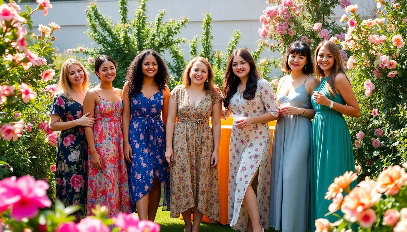 Women in stylish ladies dresses uk enjoying a sunny garden party among flowers.