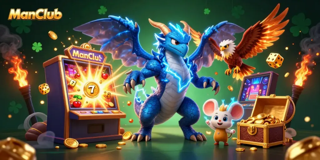 Win big with ManClub's thrilling gaming experience featuring dragons and jackpot symbols.