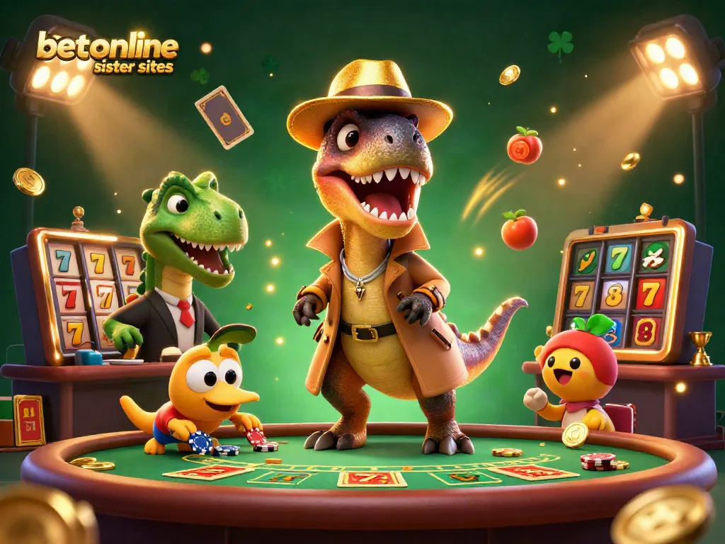 Experience excitement at betonline sister sites with a velociraptor card counter and colorful slot elements.
