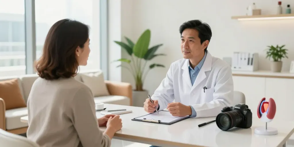 Thyroid clinic Abu Dhabi consultation with an endocrinologist and patient discussing thyroid health.