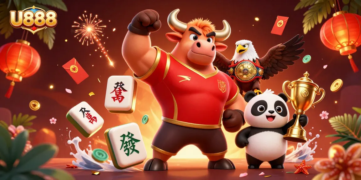 Experience thrilling wins with U888 as a muscular bull, eagle, and panda celebrate victory in a vibrant casino scene.