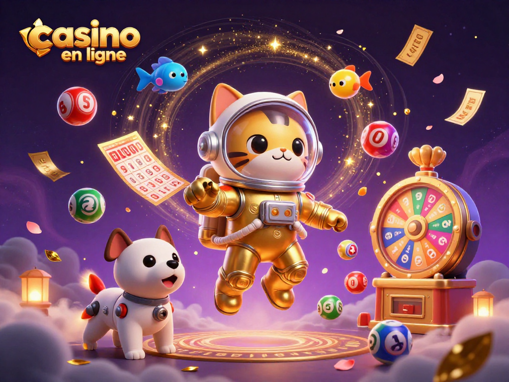 Expérimentez le casino en ligne avec notre illustration ludique de jeux et gains.