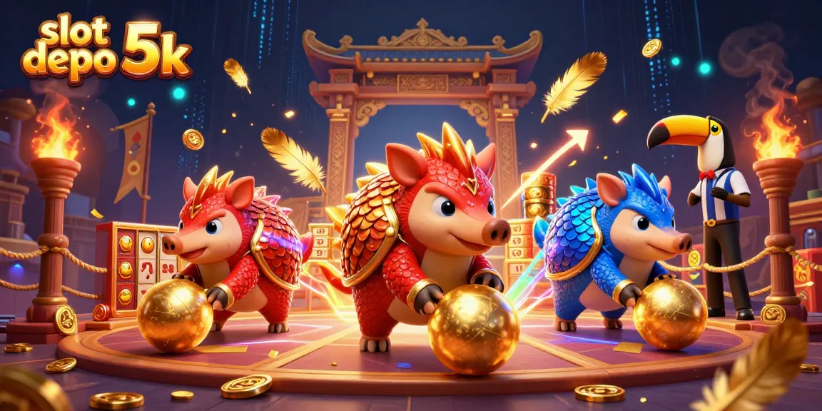 Spin to win at slot depo 5k with vibrant pangolins battling in an exciting gaming scene.