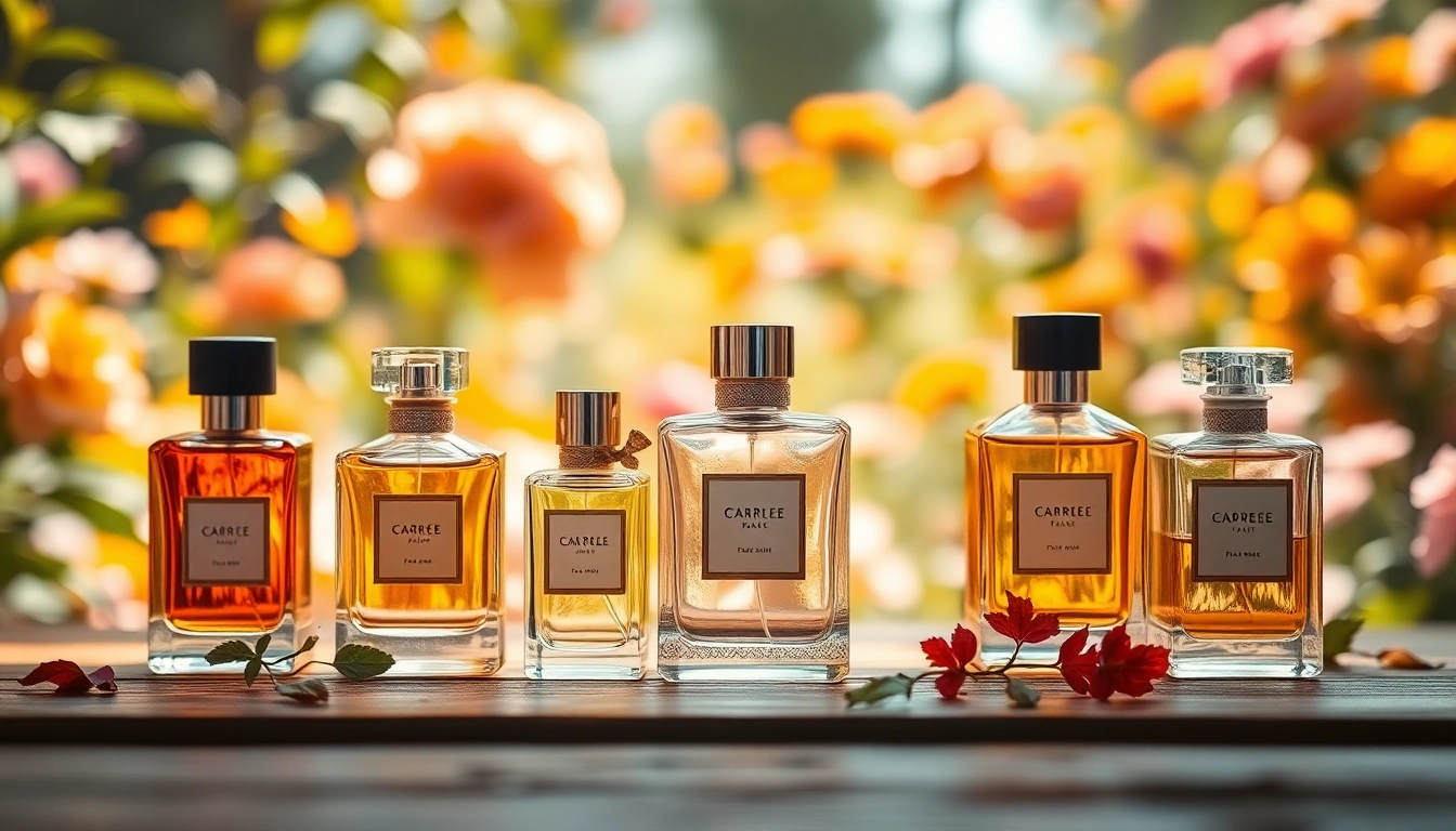 Experience seasonal fragrances presented in elegant bottles set against a sunlit garden backdrop.